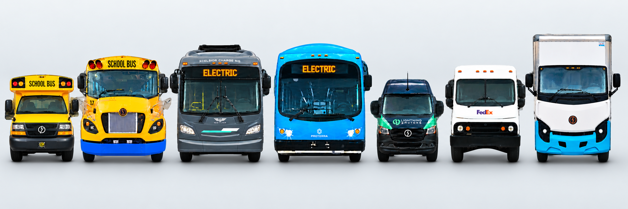 Illustrated lineup of electric school buses, transit buses, a delivery van, a step van and a commercial truck